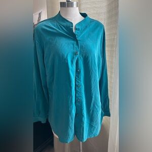Women's Investments XL Teal Button-Up Long Sleeve Mandarin Collar Blouse